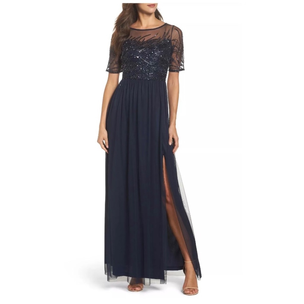 NEW Adrianna Papell Beaded Bodice Mesh Gown Blue - Picture 2 of 8